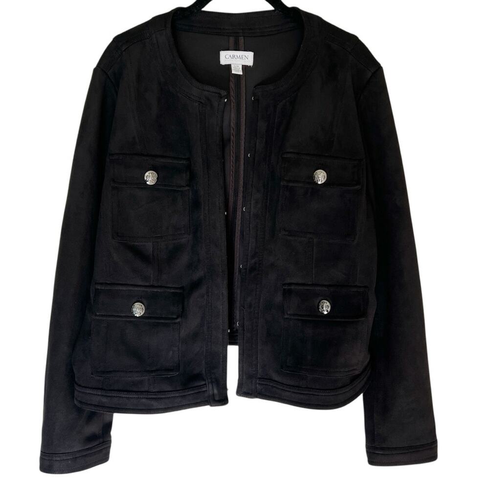 Carmen Marc Valvo Black Faux Suede Utility Jacket Large - Picture 2 of 9
